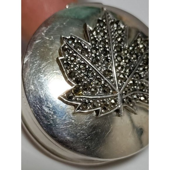 Vintage Sterling Silver Maple Marcasite Embossed Design Pewter Trinket Box Round - Picture 9 of 10
